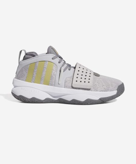 sapatilhas de basquetebol Adidas dame 8 extply dame time cor cinzento branco e dourado ig8086